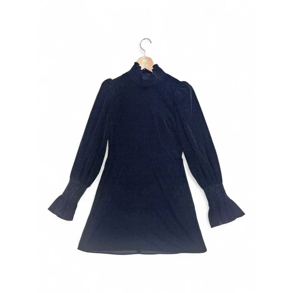 Zara Black Velvet High-Neck Smocked Cuff Long‎ Sleeve Dress XS